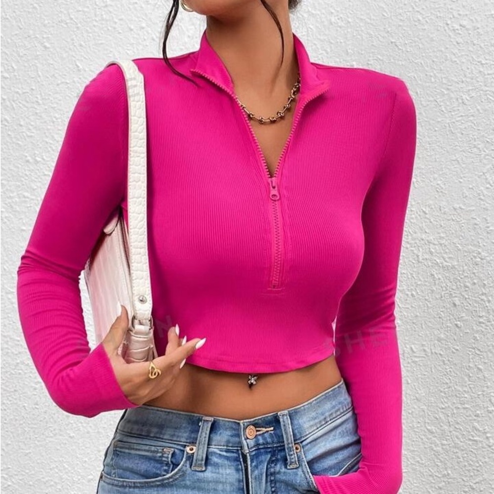 Hot pink half zip crop sweater